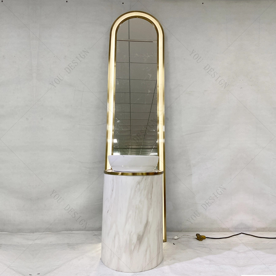 Gold Stainless Steel Frame Bathroom Furniture Oval Bathroom LED Lights Floor Mirror