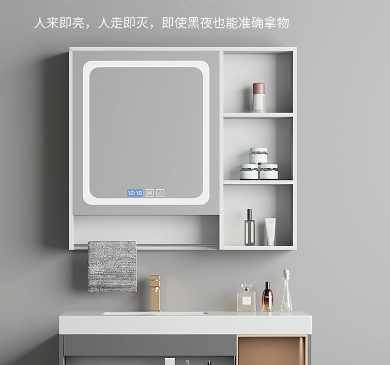 Modern Luxury Design White Color Wash Basin Cabinet with White Basin and Lamp, Smart Mirror Wood Hotel Vanity