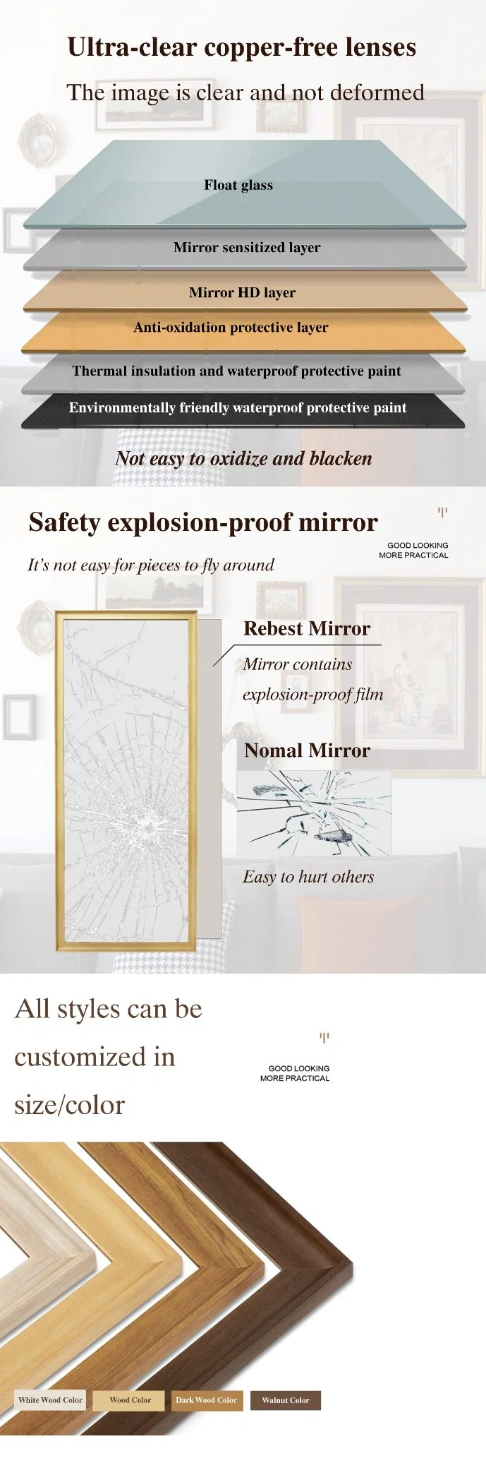 Makeup Mirror/Wall Mirror/Hotel Room Mirror/Bath Room Mirror/Smart Mirror/Floor Mirror/Dressing Mirror for Decoration