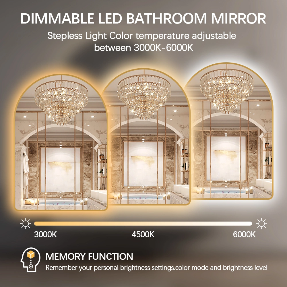 Golden Mantle Mirror for Fireplace, Dresser Mirror with Light for Bedroom - Wide Arched Bathroom LED Mirror, Half Circle Arch Mantel Mirror