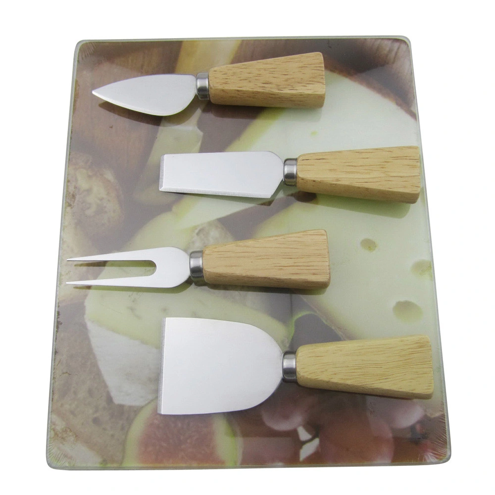 5PCS Glass Cutting Board Set with Cheese Knife and Fork