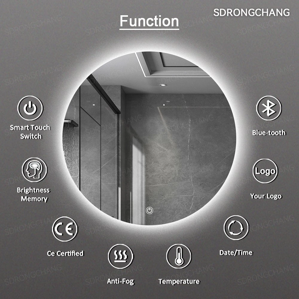 Anti-Fog Round Bathroom Digital Clock Hotel Backlit Frameless LED Light Mirror