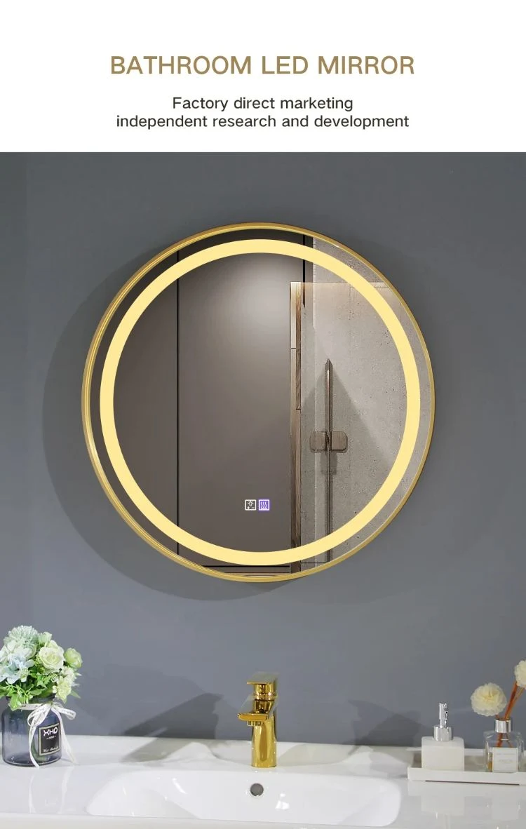 Low MOQ Aluminum Alloy Gold Framed Rectangle Mirror Wall Mounted Smart Mirror with LED Light for Bathroom Vanity Mirror