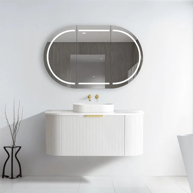 Modern Luxury Fluted Curved Double Sink Floating Cabinet Wall Mount Bathroom Vanity with Sink