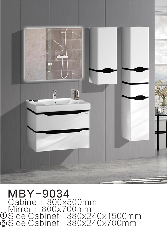 White Morden PVC Wall Hung Basin with Bathroom Cabinet with Glass Basin with LED Mirror