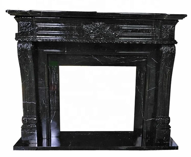 Traditional Hand Carved Natural Black Marble Fireplace Mantel