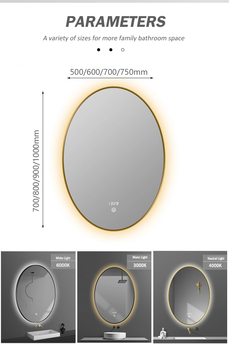 Modern Design Hotel Bathroom Mirror Wall Mounted Oval Smart Backlit Mirror Gold Frame Vanity Mirror with LED Lights