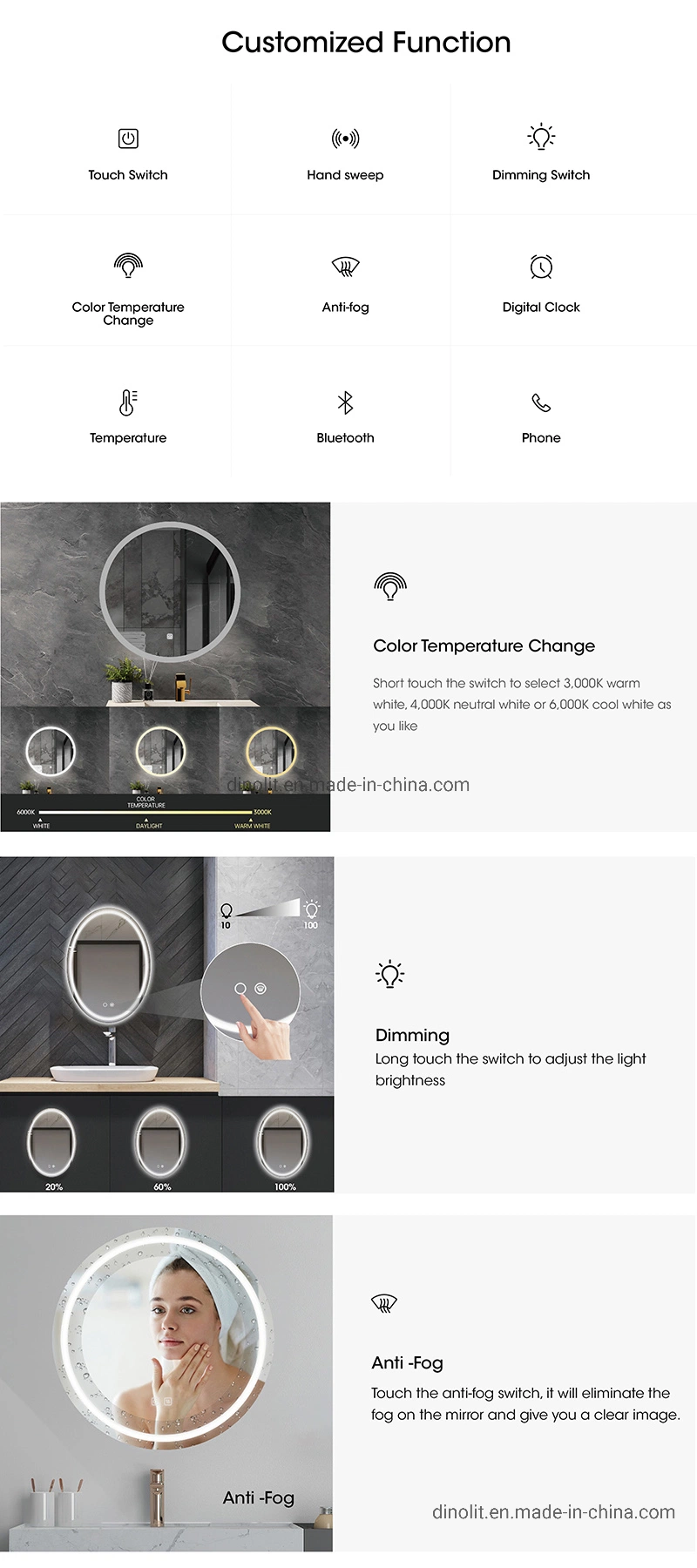 IP44 Fashion Smart Waterproof Bath Wall LED Light Vanity Mirror with Shelf /Touch Sensor Switch/Anti-Fog Film / Digtal Clock/Color Chaning CE ETL