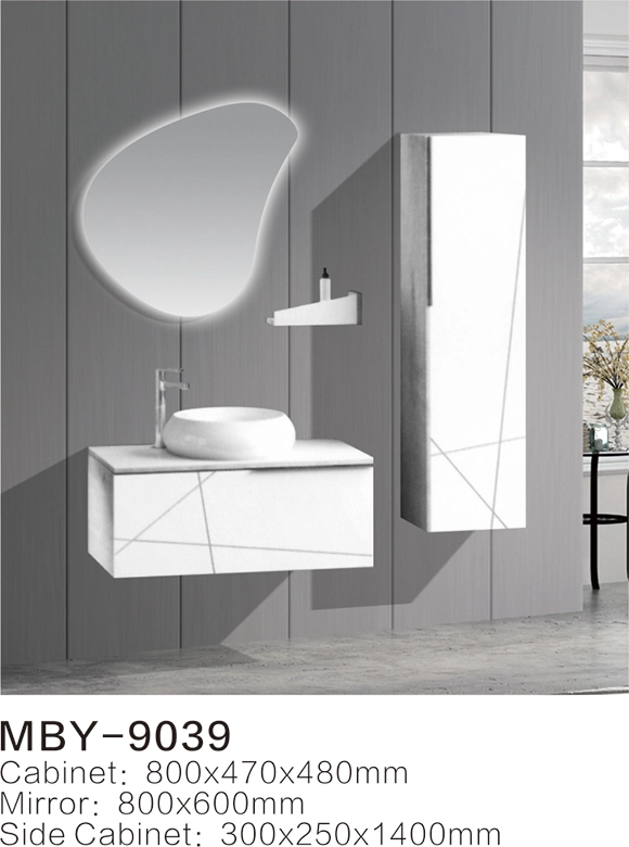 White Morden PVC Wall Hung Basin with Bathroom Cabinet with Glass Basin with LED Mirror