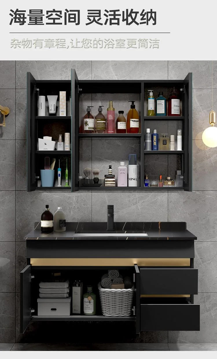 Modern Luxury Black Color Hotel Wall Mounted Bathroom Vanity Cabinet Bathroom Vanities Cabinets with Rock Beam Counter Top, Ceramic Sink, Smart Mirror, LED