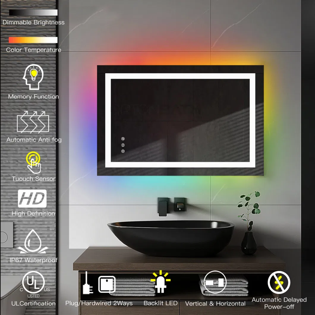 Ortonbath 48&quot;X36&quot; Rectangular Backlit Anti-Fog Wall Mounted LED Mirror RGB Lighted Bathroom Mirrors with Memory Function