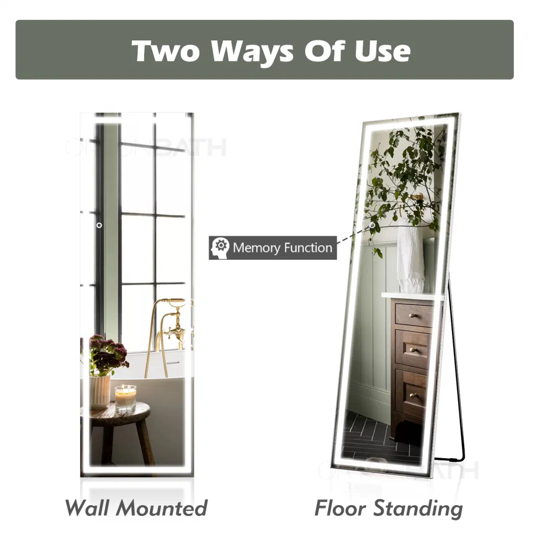 Ortonbath Front Lit Rectangle Free Standing LED Lights Rectangle Lighted Mirror Floor Standing Full Body Mirror with Touch Button and Plug Full Length Mirror