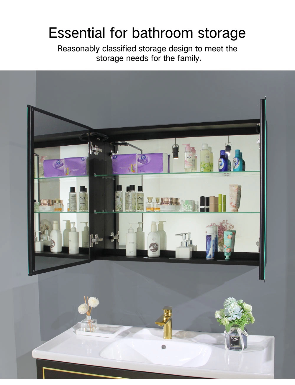 Bathroom LED Mirror Cabinets with Double Doors, Aluminium Frame Smart Mirror Storage Cabinet with Magnifying Mirror