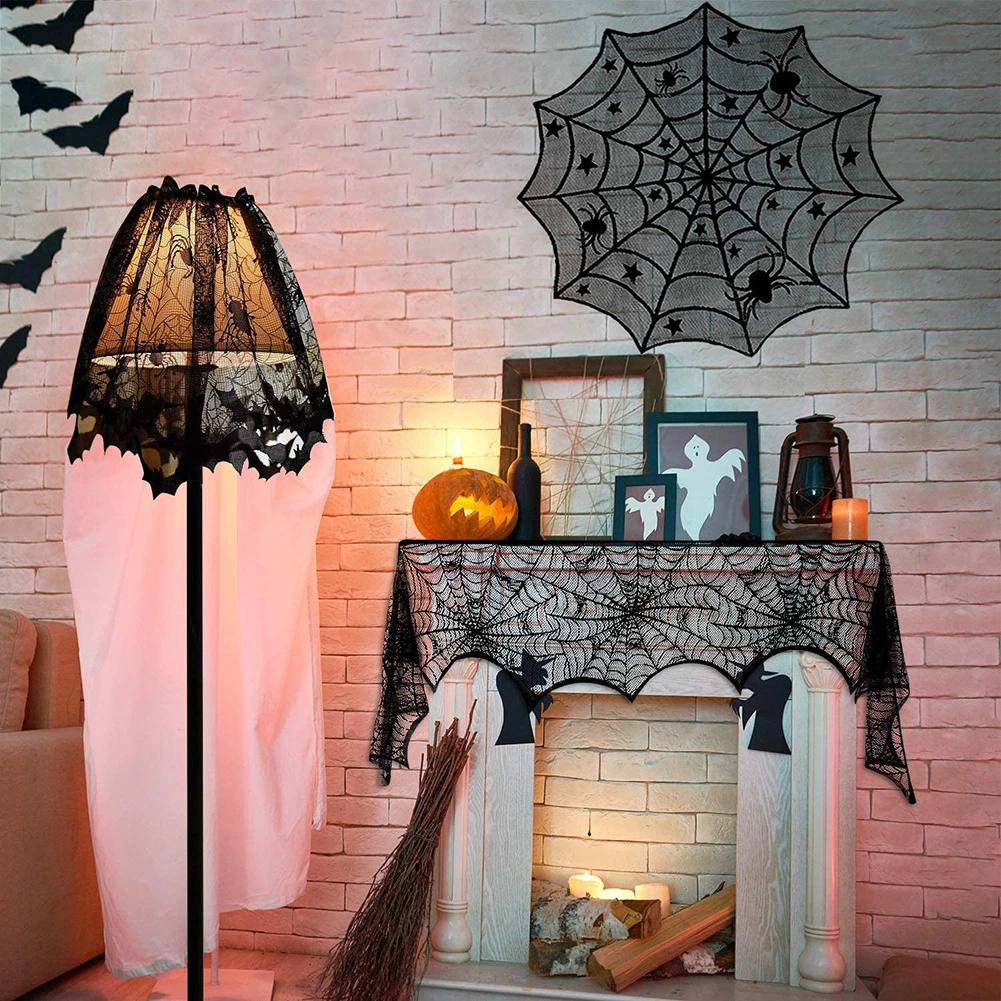 Halloween Decorations Set Include Lace Spider Web Table Runner, Round Lace Table Cover, Fireplace Mantel Scarf and 32 Pieces 3D Bats Wall Sticker Decal