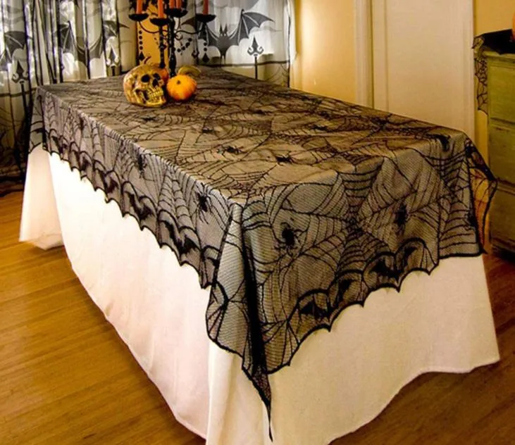 Halloween Decorations Set Include Lace Spider Web Table Runner, Round Lace Table Cover, Fireplace Mantel Scarf and 32 Pieces 3D Bats Wall Sticker Decal