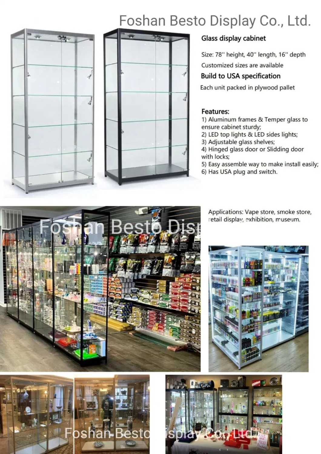 78 Inch Glass Display Cabinets with LED Lights and Glass Shelves for Vape Store, Smoke Shop, Jewelry Store, Tabacco, Cigeratte Store, Retail Display.