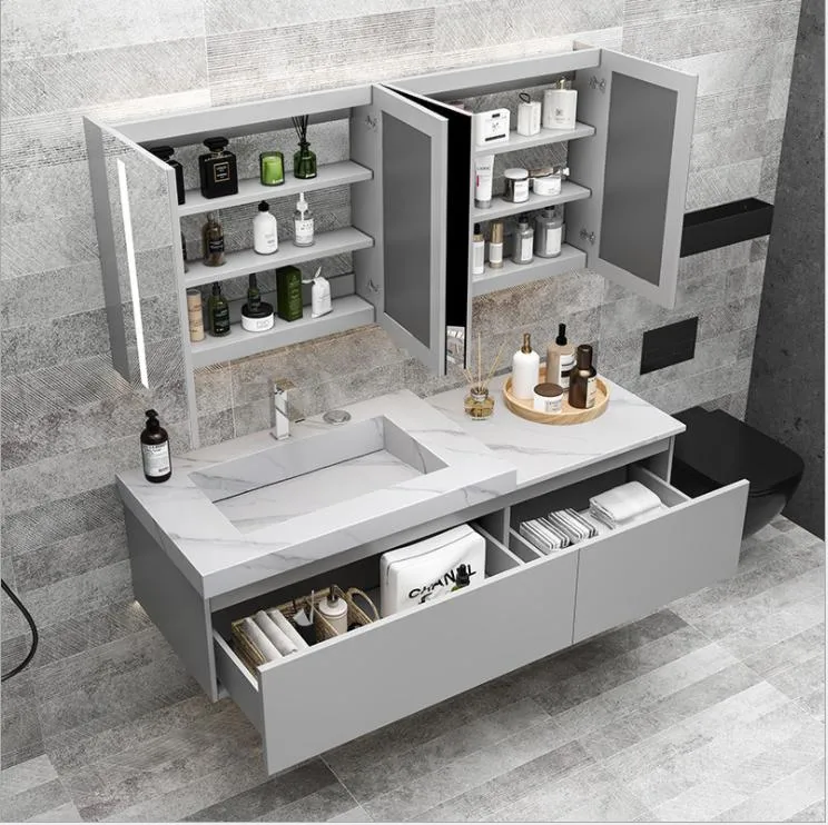 Nordic Bathroom Cabinet Light Luxury Rock Board Modern Simple Bathroom LED Medicine Cabinet