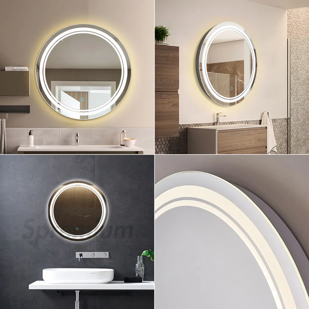Round Sun Shape Three Light Illuminated Touch Frameless Anti Fog Wall Mounted Feature LED Backlit Bathroom Mirror