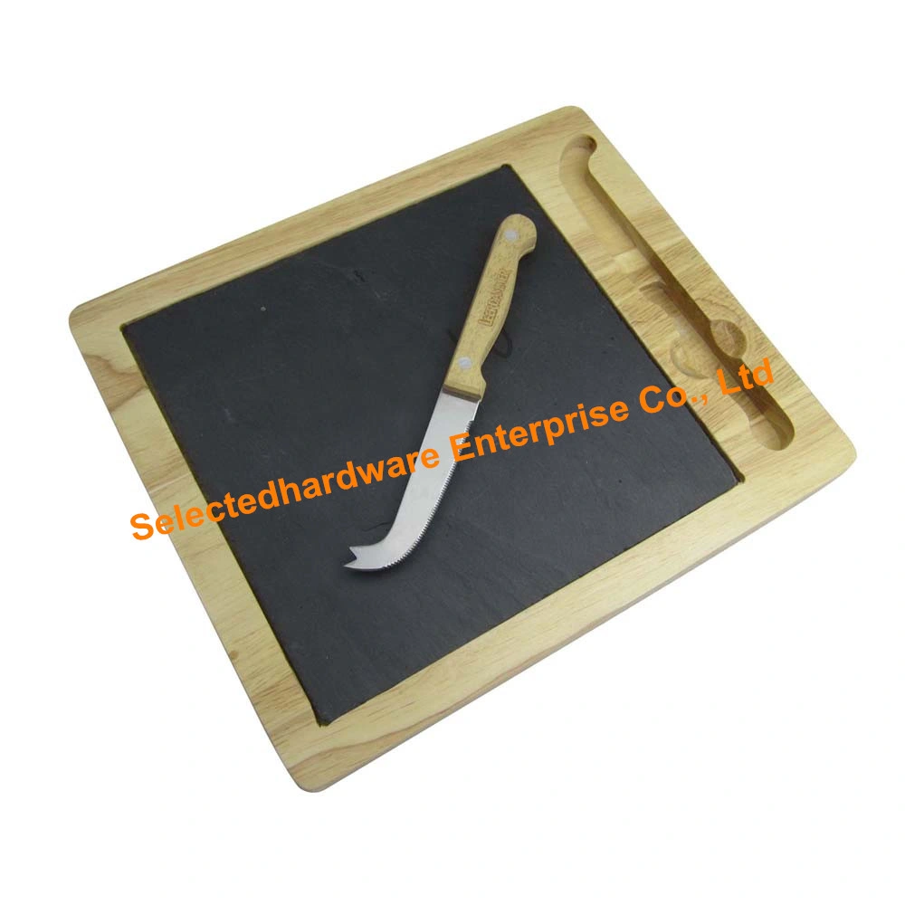 2PCS Cheese Knife and Rubber Wood + Slate Cutting Board