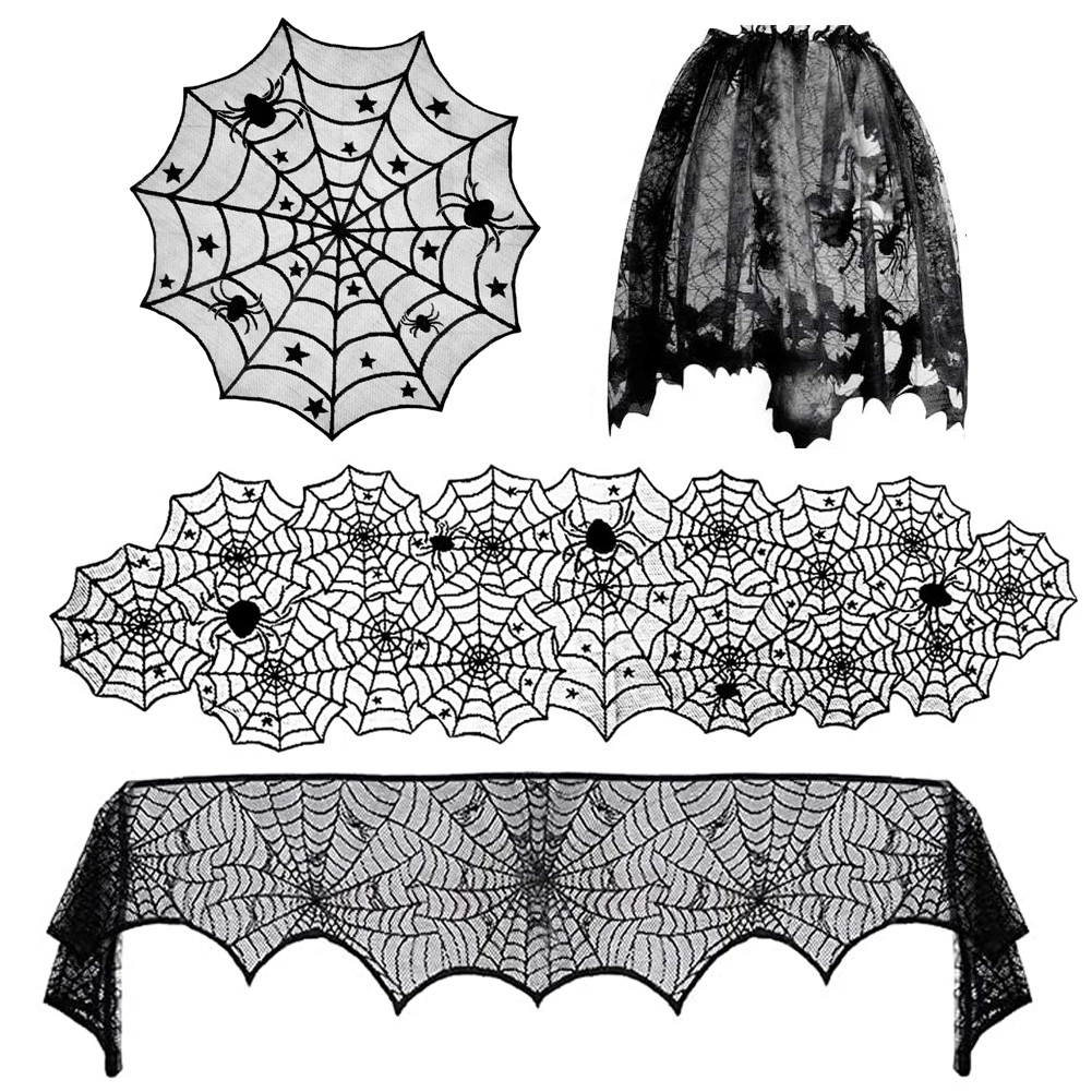Halloween Decorations Set Include Lace Spider Web Table Runner, Round Lace Table Cover, Fireplace Mantel Scarf and 32 Pieces 3D Bats Wall Sticker Decal