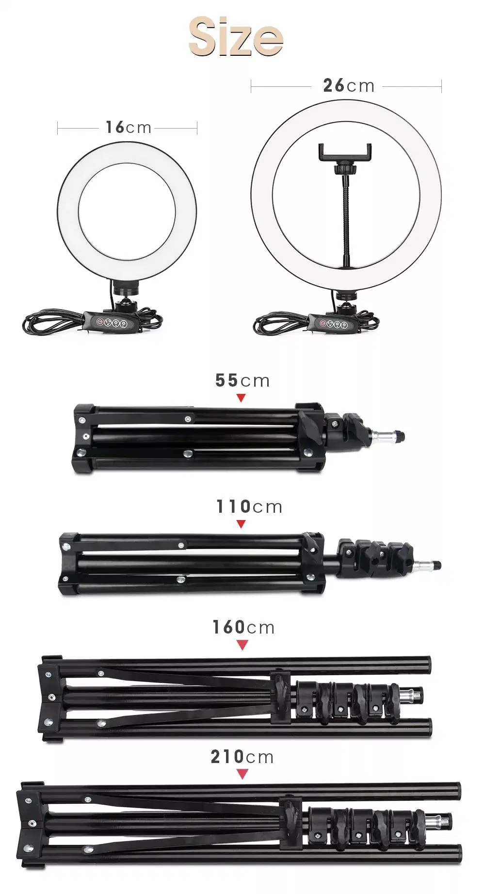 Selfie Tripod Stand with LED Lights, Dual Phone Holders, Adjustable Height and Lighting for Recording, Makeup &amp; Photography