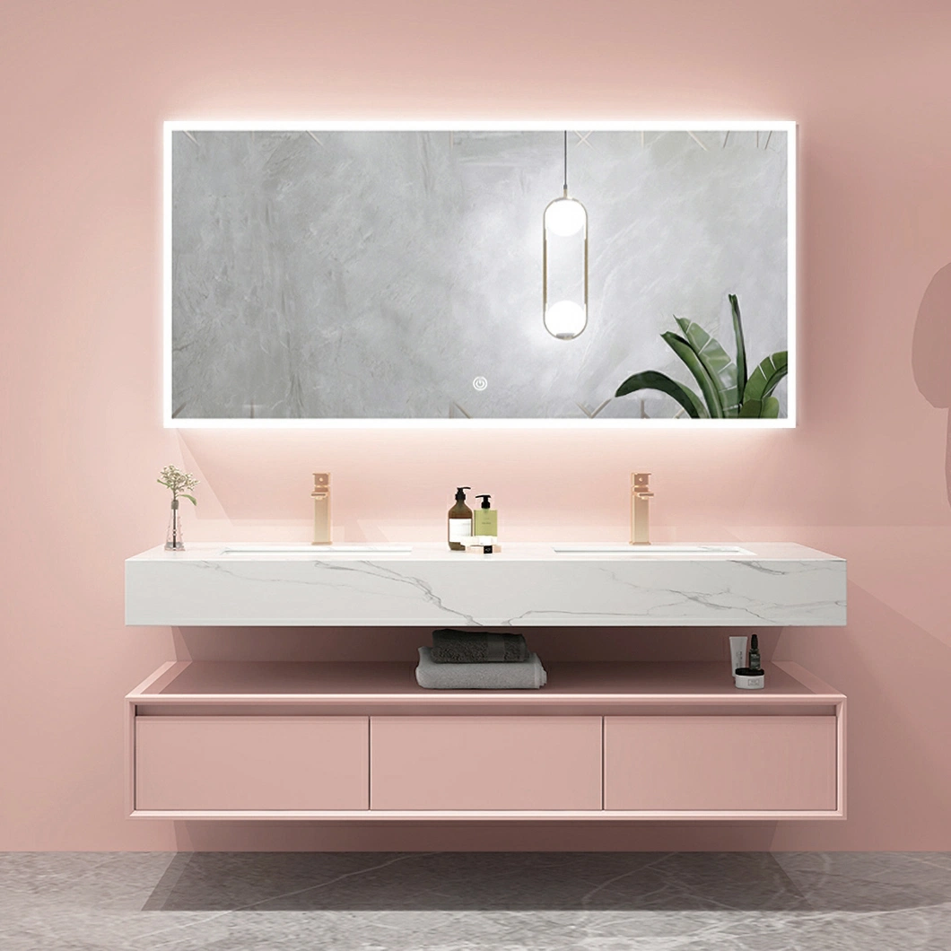 Pink High Gloss Long Slim Mirrored Painting Solid Wood Wc Unit Integrated Sink Built in Cupboard Bathroom Vanities Storage Cabinet