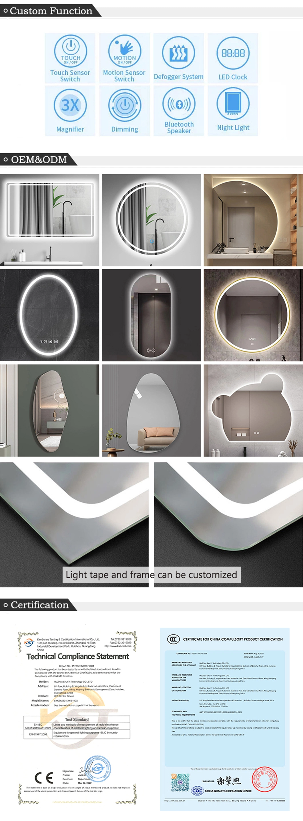 Frameless Touch Sensor Bluetooth Decorative Wall Mounted Smart Bathroom Half Moon Mirror with LED Light