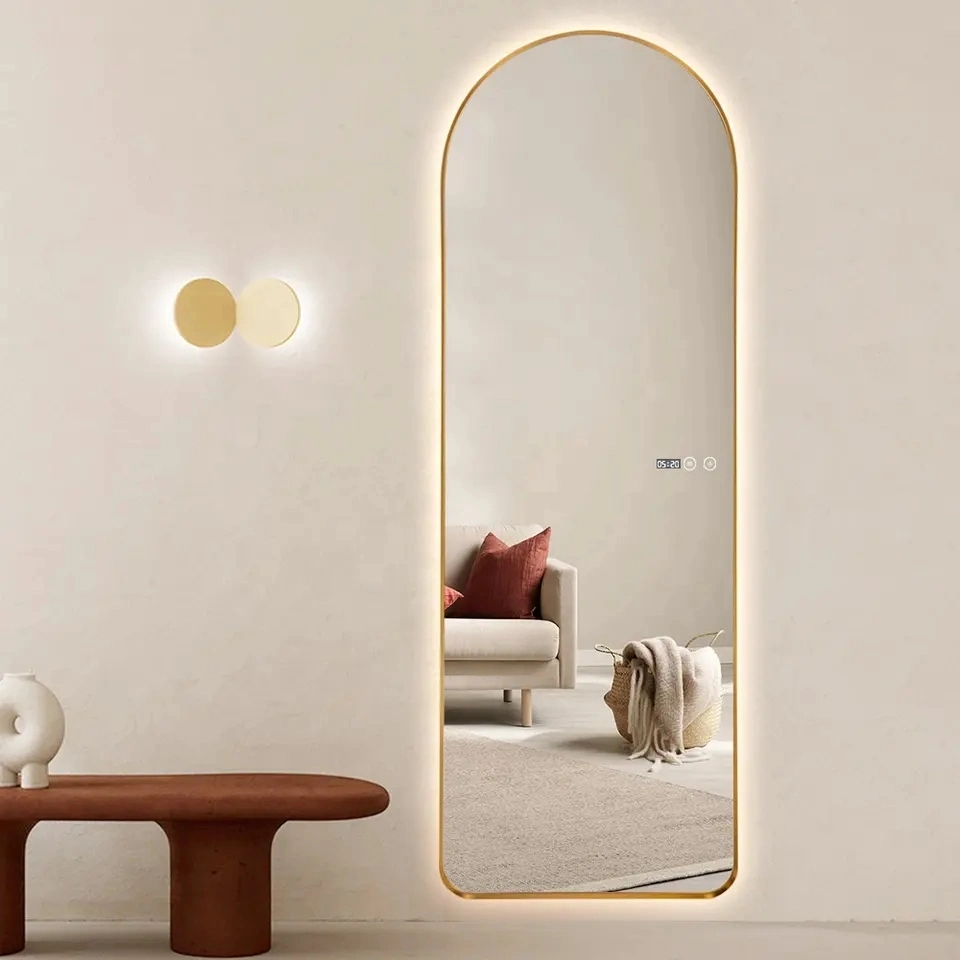 Salon Wall Mount Mirror Custom Design Gold Aluminum Frame Bathroom LED Arch Mirror Full Length Light Mirror