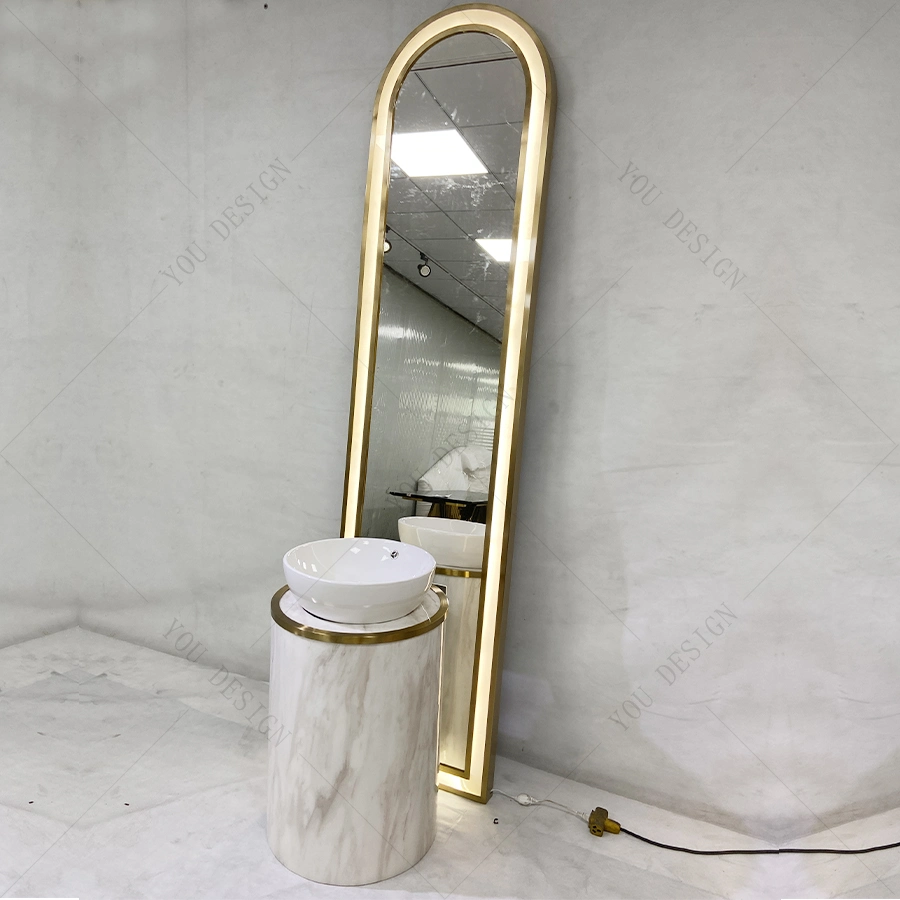 Gold Stainless Steel Frame Bathroom Furniture Oval Bathroom LED Lights Floor Mirror