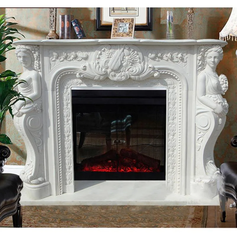 Luxury Decorative White Marble Fireplace Mantel with Women Sculptures