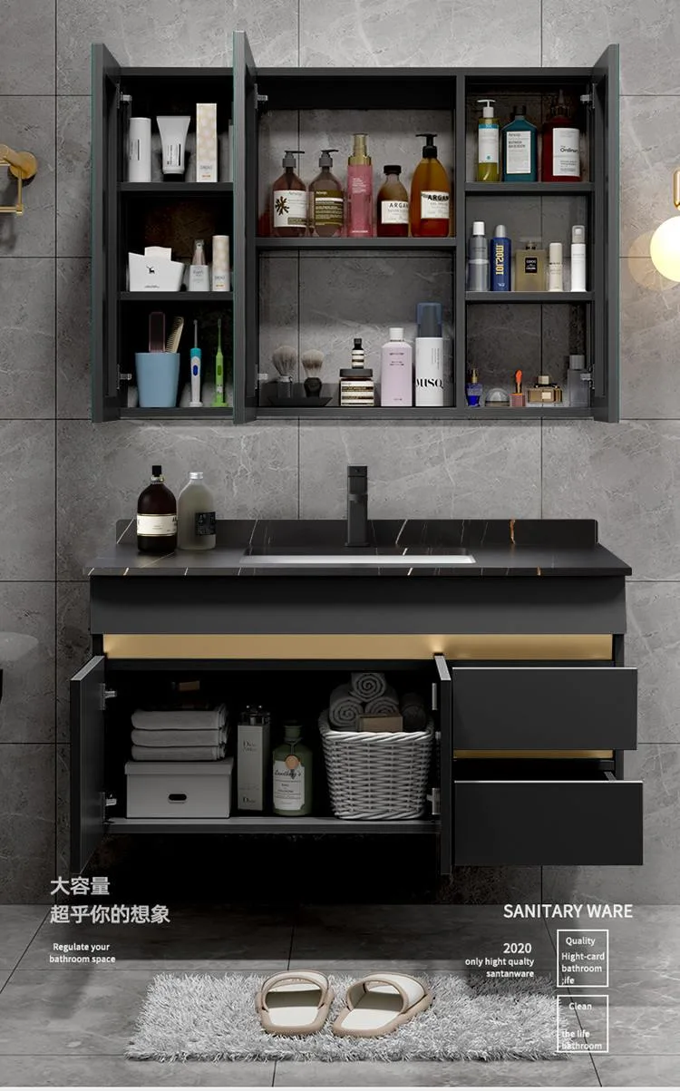 Modern Luxury Black Color Hotel Wall Mounted Bathroom Vanity Cabinet Bathroom Vanities Cabinets with Rock Beam Counter Top, Ceramic Sink, Smart Mirror, LED