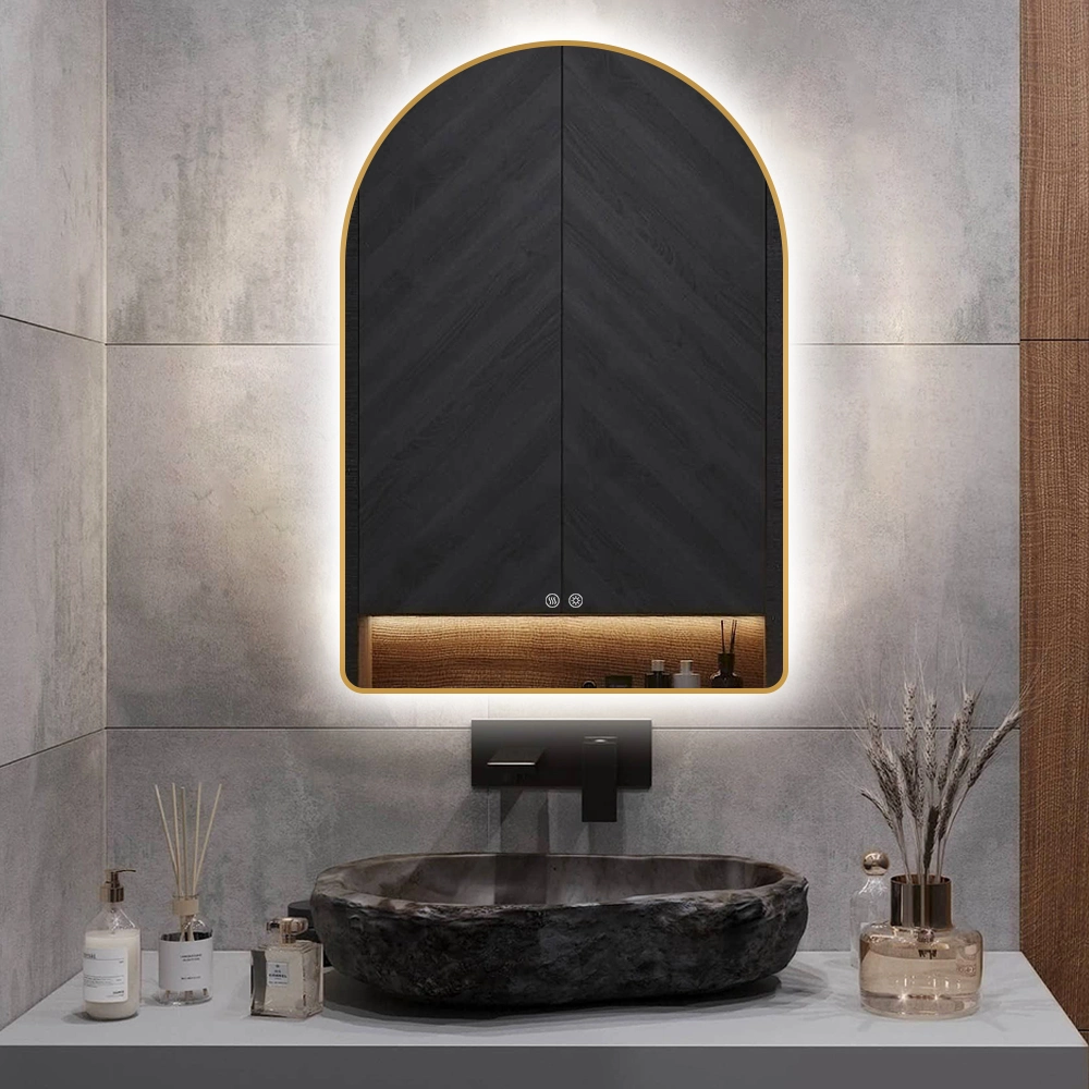 Golden Mantle Mirror for Fireplace, Dresser Mirror with Light for Bedroom - Wide Arched Bathroom LED Mirror, Half Circle Arch Mantel Mirror