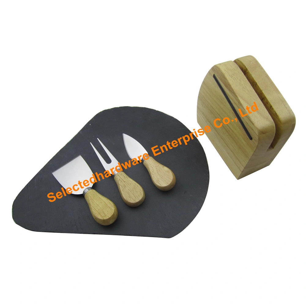 5PCS Rubber Wood Handle Cheese Knife Set with Slate Cutting Board Set