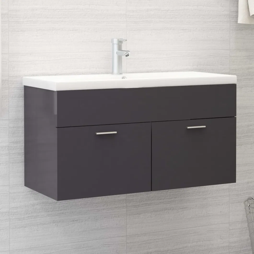 Sink Cabinet with Built-in Basin High Gloss Grey Chipboard