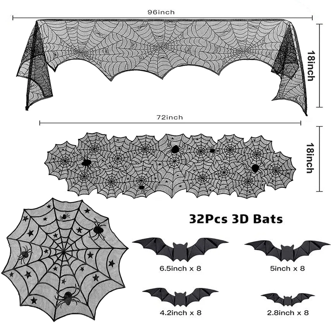 Halloween Decorations Set Include Lace Spider Web Table Runner, Round Lace Table Cover, Fireplace Mantel Scarf and 32 Pieces 3D Bats Wall Sticker Decal