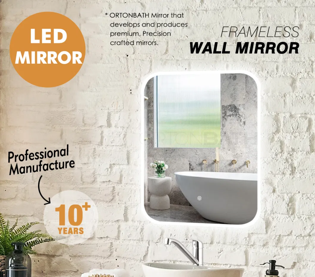 Ortonbath Round Corner Rectangular Frameless Backlit LED Bathroom Mirror, Wall-Mounted Vanity Makeup Lighted Mirror, Anti-Fog Dimmable Lights