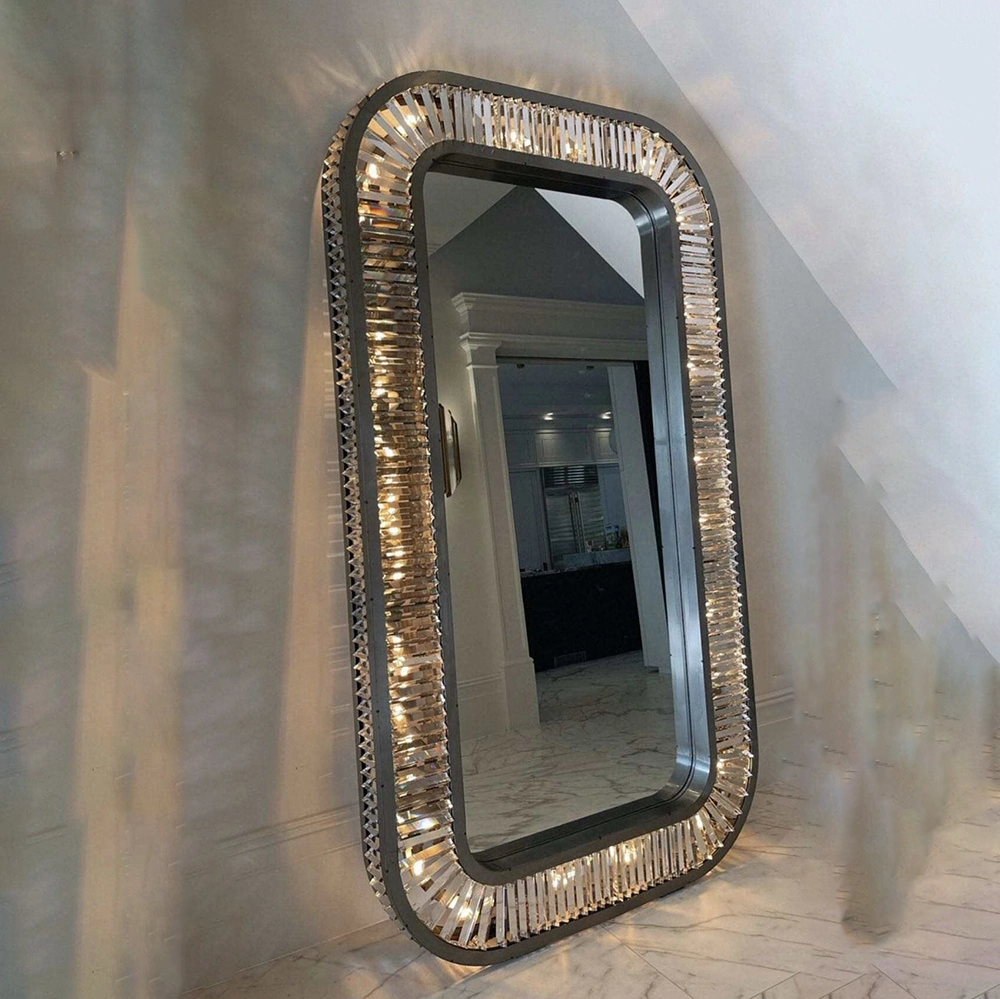 Crystal Modern Mirror Decorative Wall Living Room Hallway Wood Frame Venetian Hang Wall Mirror with LED Light