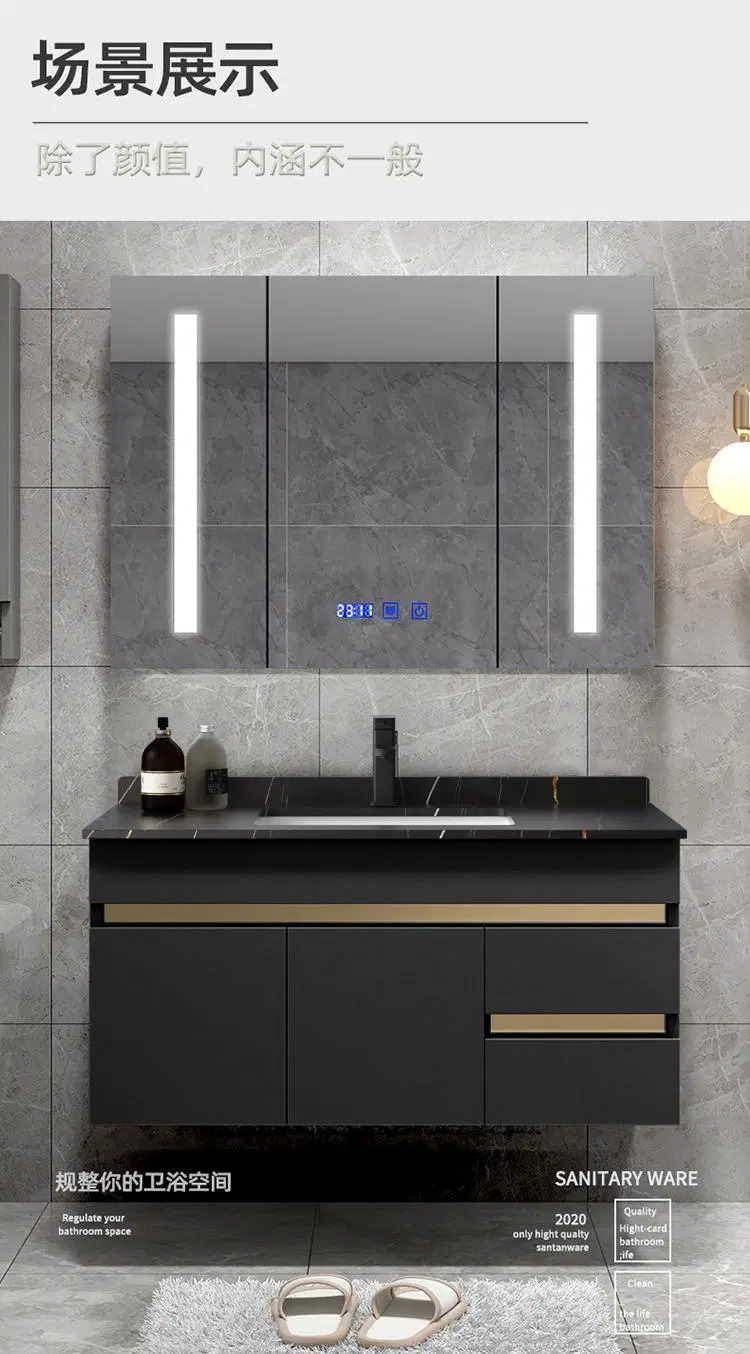 Modern Luxury Black Color Hotel Wall Mounted Bathroom Vanity Cabinet Bathroom Vanities Cabinets with Rock Beam Counter Top, Ceramic Sink, Smart Mirror, LED