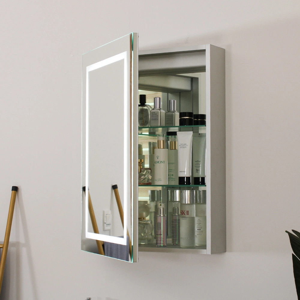 Single Door Bathroom Cabinet with LED Mirror and Adjustable Glass Shelves