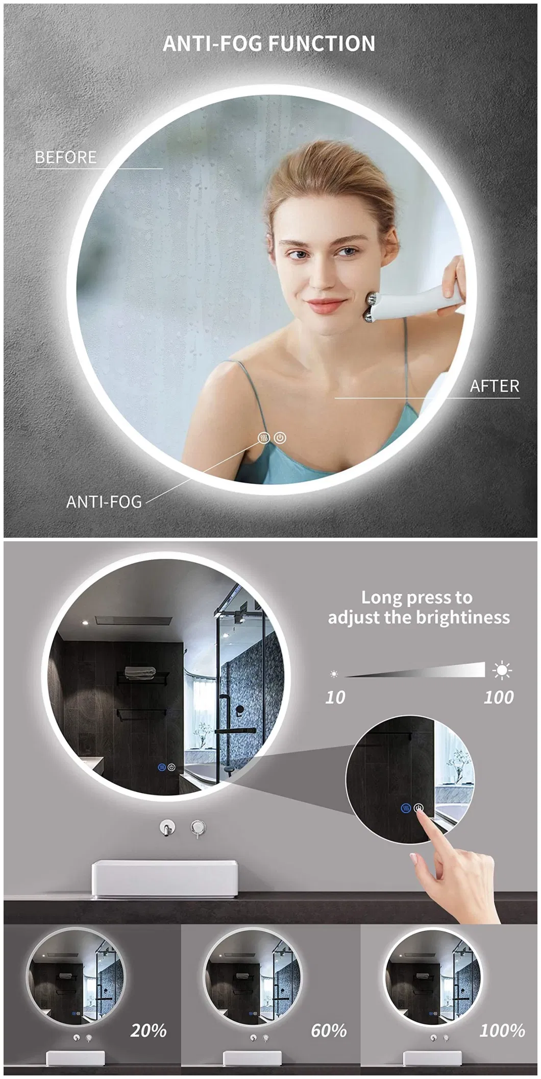 Round Frameless LED Bathroom Mirror with Lighting Dimmer Antifog Home Decoration Furniture for Bathroom Hotel Beauty Salon Makeup Wall Mounted