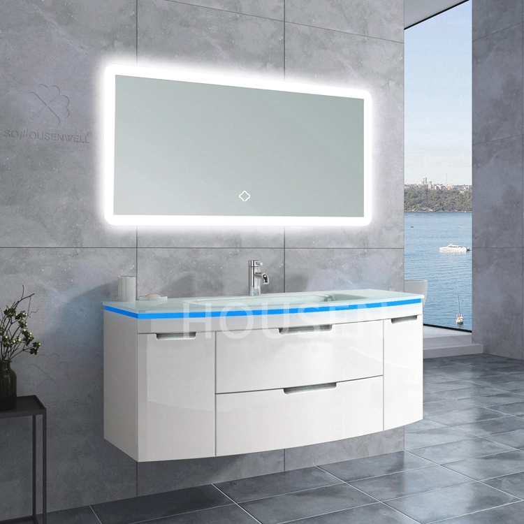 PVC Half Moon Curved Paint Smart Furniture Ultra White Glass Wall Hanging Factory Bathroom Cabinet LED Touch Switch No Copper Mirror