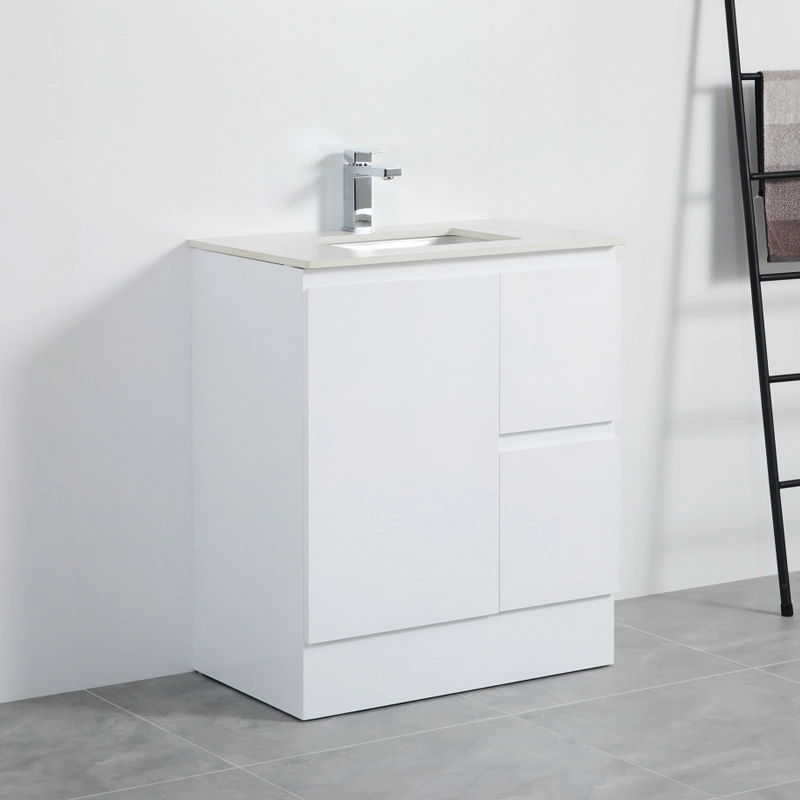 White Polyurethane PVC Freestanding Bathroom Vanity with One Door and Two Drawers