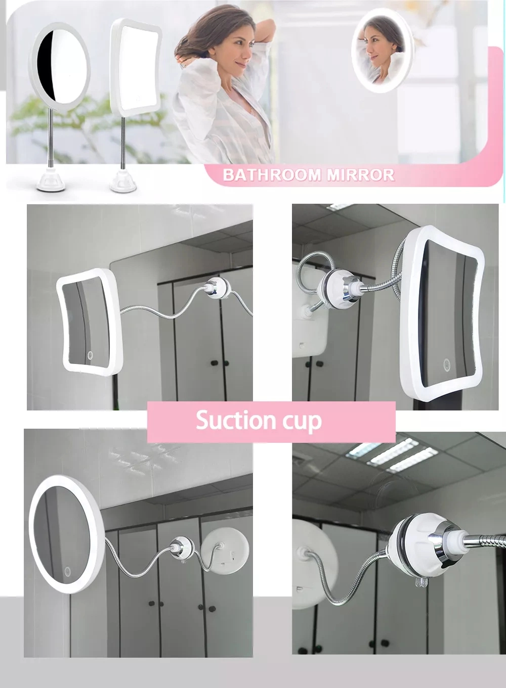 Touch Screen LED Lighted Wireless Anti-Fog Bathroom Shaving Rotating Gooseneck Mirror