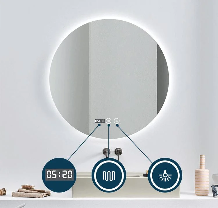 Anti-Fog Round LED Bathroom Mirror Hotel Backlit Frameless LED Light Mirror Digital Clock