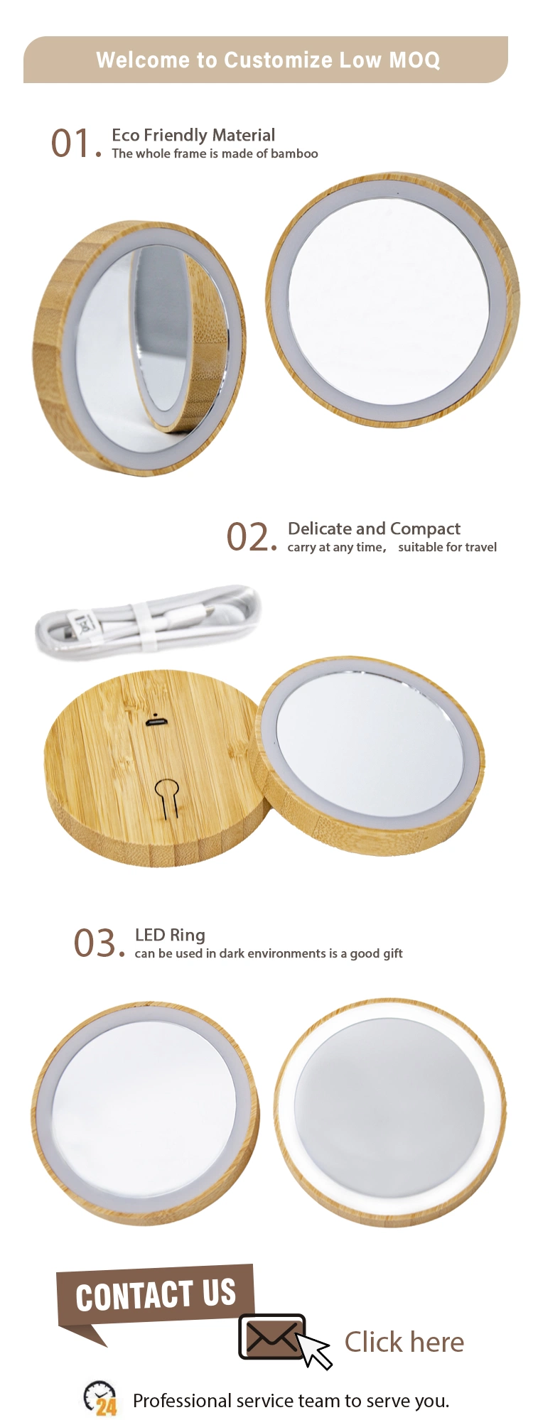 Bamboo Compact Infinity Salon Vanity Touch Sensor Switch Pocket Light LED Mirror