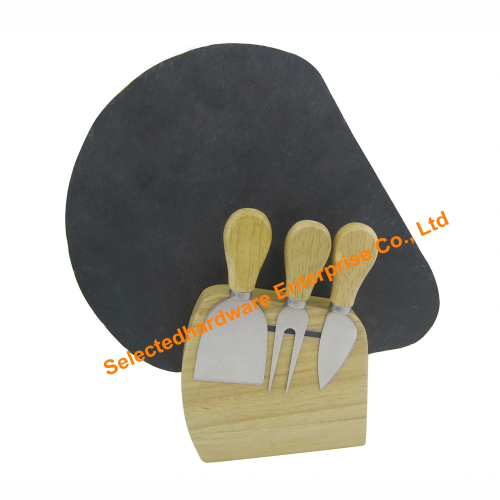 5PCS Rubber Wood Handle Cheese Knife Set with Slate Cutting Board Set