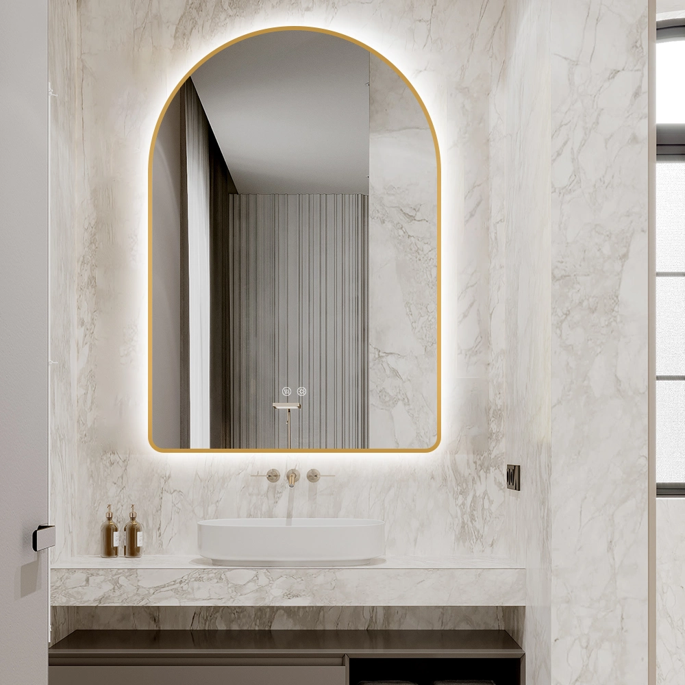 Golden Mantle Mirror with Light for Bedroom - Wide Arched Bathroom LED Mirror, Half Circle Arch Mantel Mirror