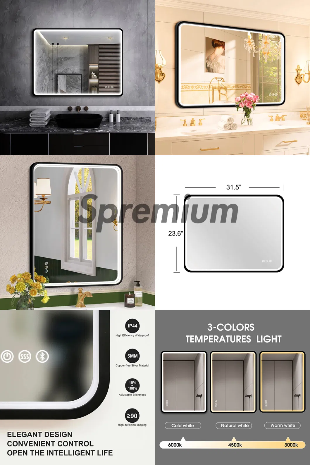 Fashionable Luxury LED Miroir Salle De Bain LED Styling Front Light Smart Silver Glass Bathroom Mirror