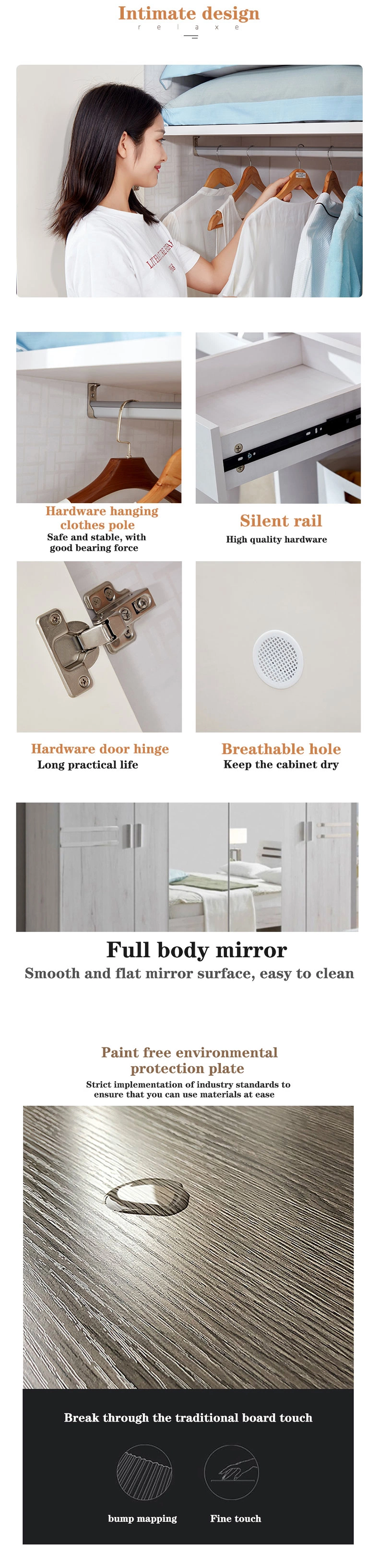 Design Bedroom Wall Italian Style Cabinet with Mirror Door Closet Hallway Luxury Built-in Wardrobe with Sliding Door