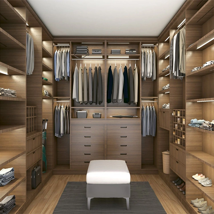 Luxury Bedroom LED Light Walk-in Wardrobe Closets Custom Modern Bed Room Wood Walkin Closet Set Systems